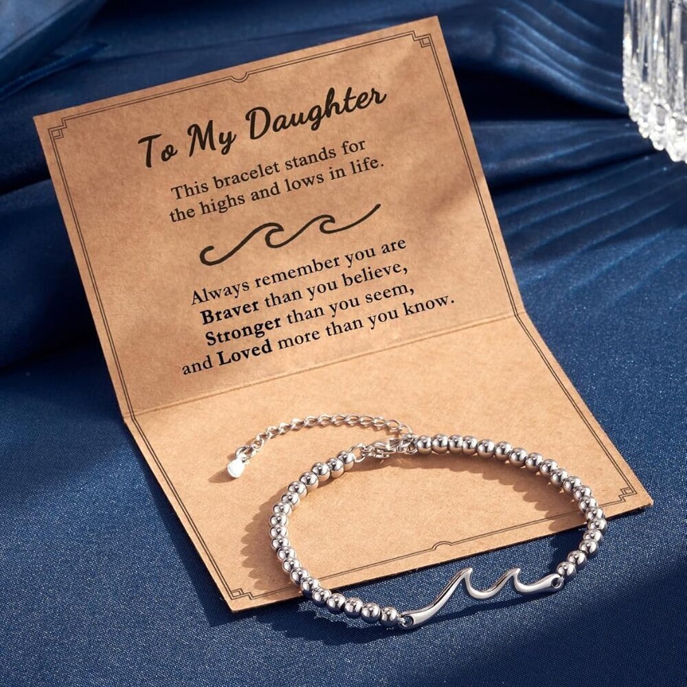 Wave Bracelet Stainless Steel 6.5in+2in Extension Daughter Gift Jewelry - Picture 5 of 7